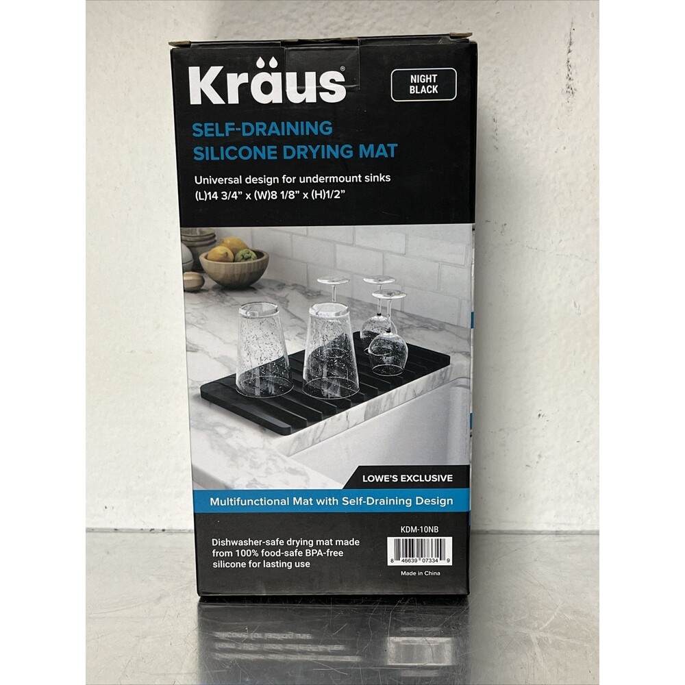 New Kraus Self Draining Dish Drying Mat 8 1/8” x 14 ¾”x 1/2" Black Silicone Sink